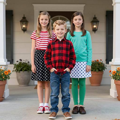Three Children Standing Outdoors at Home
