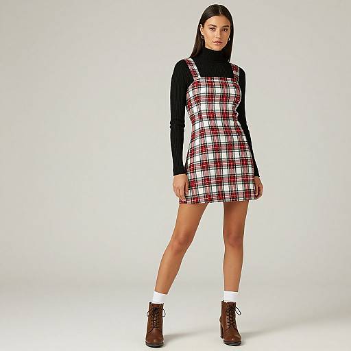 Woman in Preppy Plaid Mini Dress and Turtleneck
