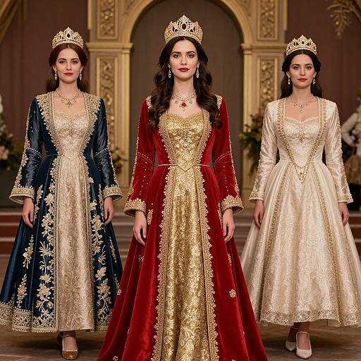 Photograph of three elegant women in ornate royal gowns: blue, red, and white, each wearing gold tiaras, standing in a luxurious