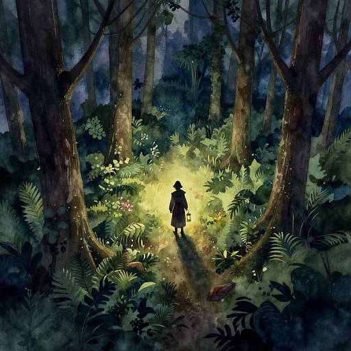 Digital painting of a solitary figure in a moonlit forest, surrounded by glowing yellow light amidst dense, shadowy foliage.