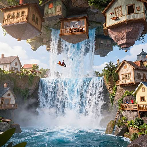 Photograph of whimsical, floating houses above a powerful waterfall with a small boat and people mid-jump, surrounded by lush greenery.