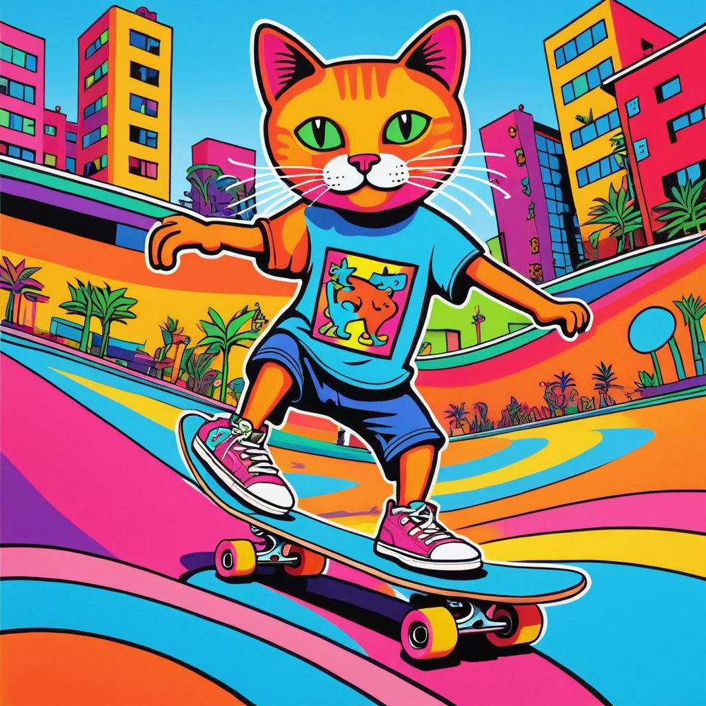 Whimsical Skateboarding Cat Art