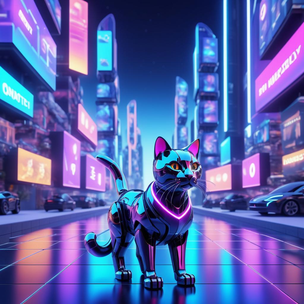 Futuristic Robotic Cat in Urban Landscape