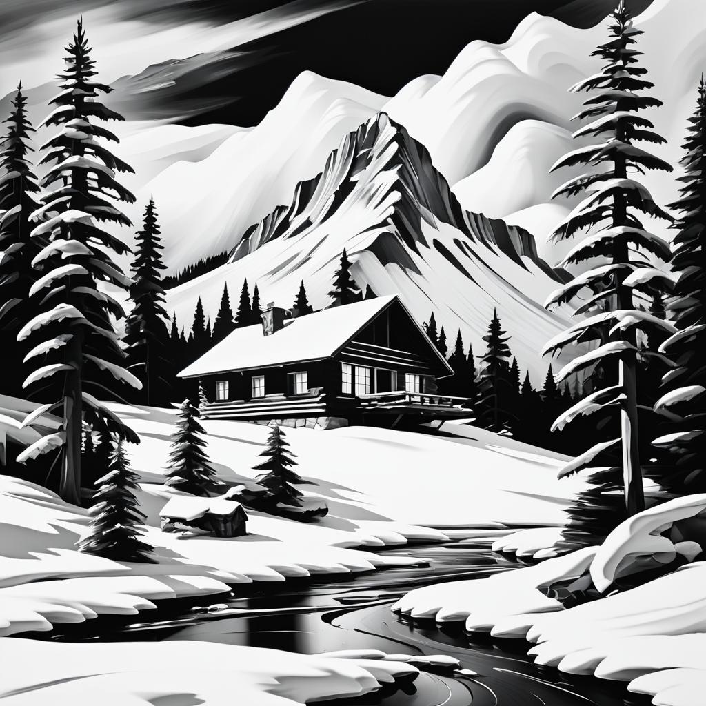 Snowy Mountain Cabin in Black and White