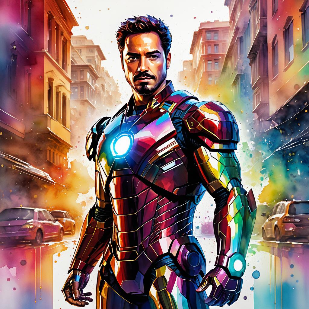 Vibrant Iron Man Portrait in Watercolor