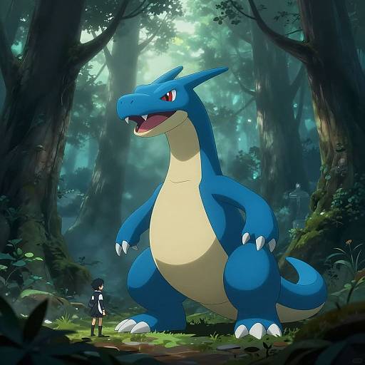 Digital drawing of a towering blue and cream Dragonite in a lush, misty forest, with a small, black-and-white trainer standing beside it.