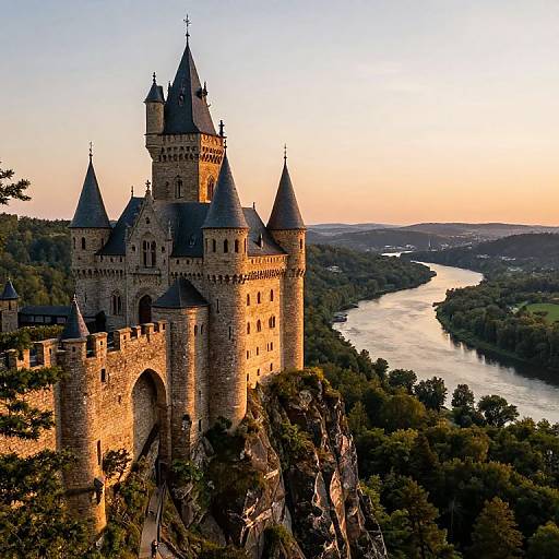 Photograph of a medieval stone castle with multiple pointed towers, set on a rocky cliff overlooking a winding river at sunset.