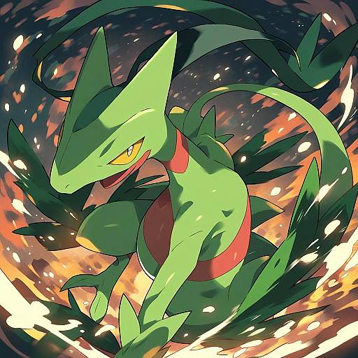 Illustration of Grovyle, pokemon in the style of Narumi arata