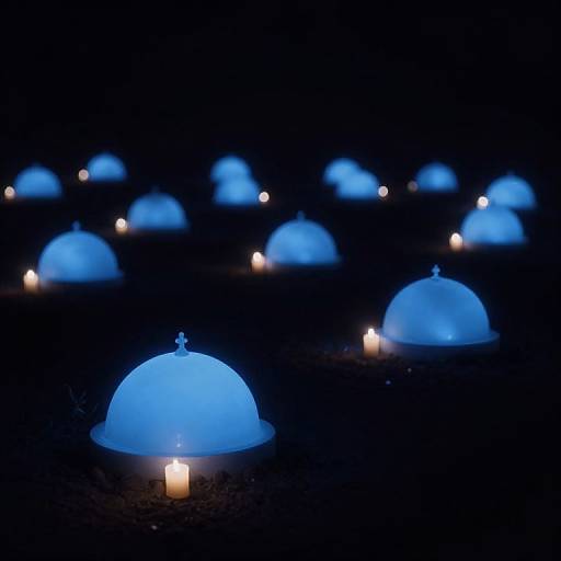 Photograph of glowing blue dome-shaped candles with small white candles beneath them, floating in a dark, tranquil water surface.