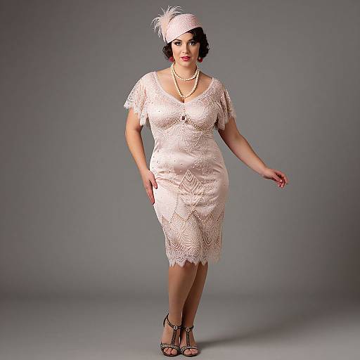 Photograph of a curvy woman in a vintage-style, pale pink lace dress, matching hat, pearl necklace, and black strappy heels, standing