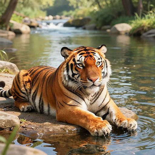 Realistic Cartoon Tiger Resting by Riverbank