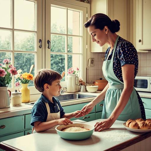 Mother and Son Baking in Retro Kitchen