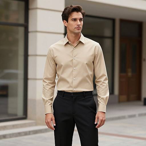 Photograph of a handsome, dark-haired man in a beige dress shirt and black pants, standing confidently on a city street.