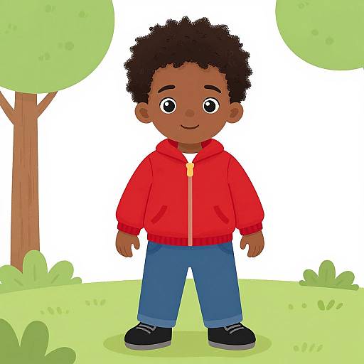 Digital cartoon of a smiling black boy with curly hair, wearing a red hoodie, blue pants, and black shoes, standing in a green, tree-filled