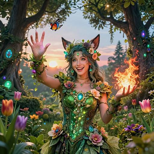 Cyberpunk Flower Wizard Casting Spell