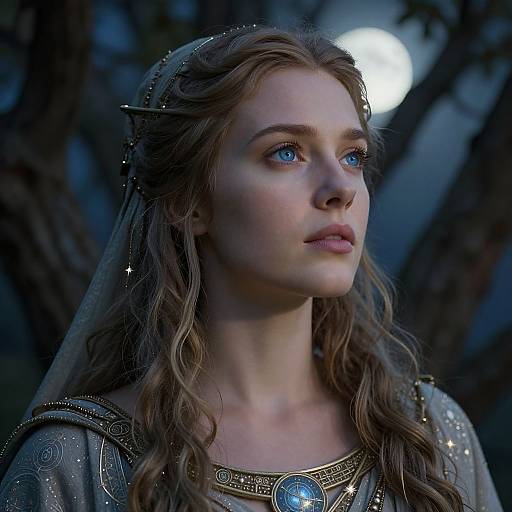 Photograph of a fair-skinned woman with blue eyes, wavy brown hair, and a gold crown, wearing an ornate, silver dress with