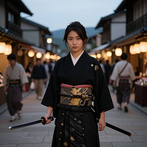 Photograph of a serious young Asian woman in traditional black kimono with gold obi, holding two swords, standing in a bustling evening Japanese street market