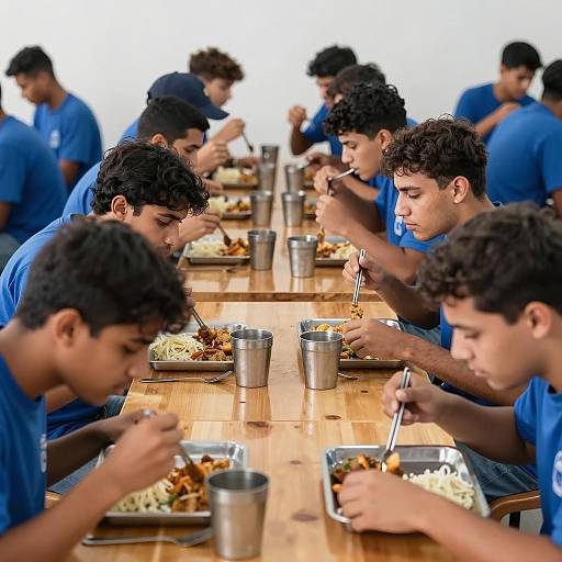 Young Men Dining in a Crowded Setting