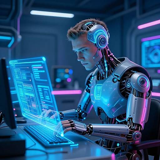 Cybernetic man with glowing blue and pink lights, typing on a futuristic blue-lit laptop in a neon-lit, high-tech lab.