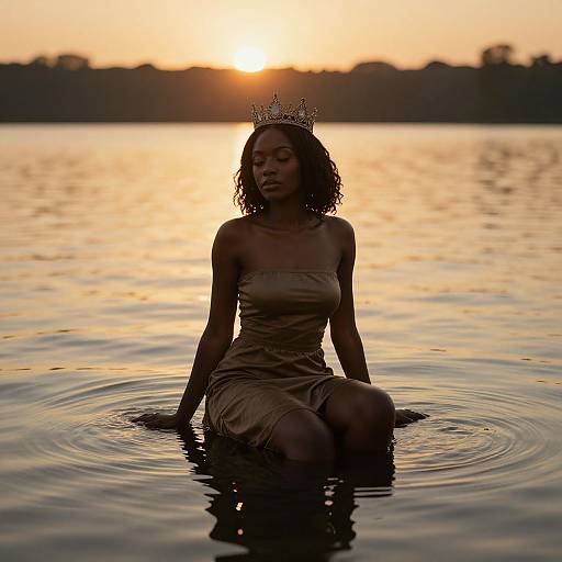 Photograph of a dark-skinned woman with curly hair, wearing a crown and strapless dress, kneeling in calm water at sunset.