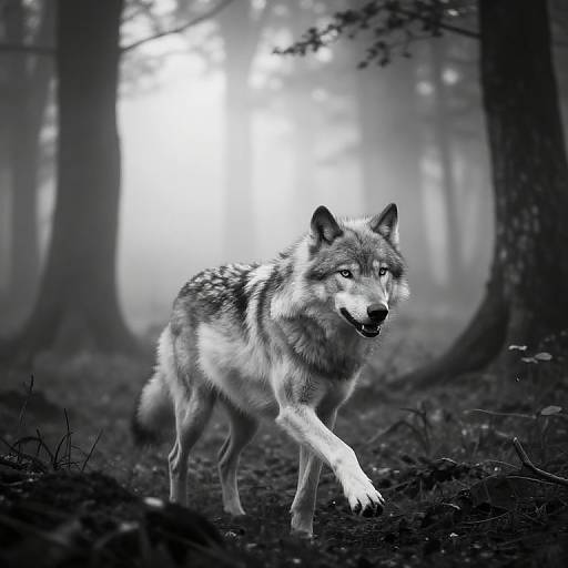 Black-and-white photograph of a wolf with detailed fur walking through a misty forest, sunlight filtering through tall trees in background.