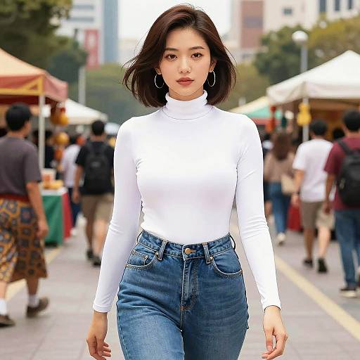 Photograph of an Asian woman with shoulder-length black hair, wearing a white turtleneck and high-waisted blue jeans, walking confidently in a