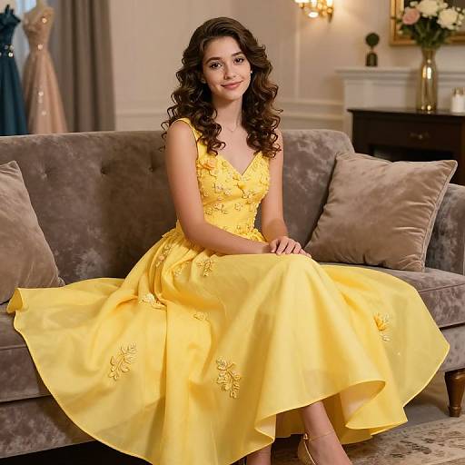 Photograph of a smiling young woman with curly brown hair, wearing a vibrant yellow, floral-embellished dress, sitting on a gray velvet couch