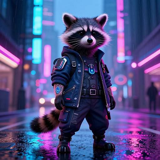 CGI anthropomorphic raccoon in cyberpunk jacket and pants, standing in a neon-lit, rainy city street at night. Vibrant neon signs