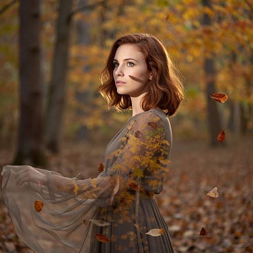 Photograph of a fair-skinned woman with wavy brown hair, wearing a sheer, long-sleeved dress, standing in an autumn forest with