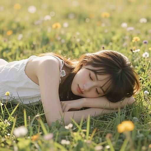 Photograph of an Asian woman with dark brown hair, wearing a white sundress, sleeping on a sunlit grassy field with scattered wildflowers.