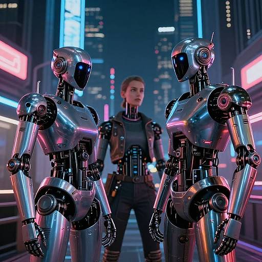 CGI image of a futuristic city at night, featuring two shiny, neon-lit humanoid robots facing a focused, blonde woman in a black, tech