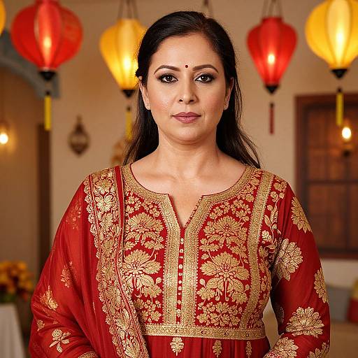 Photograph of an Indian woman with long dark hair, wearing a red floral-embroidered traditional kameez, with a red bindi,