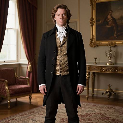Photograph of a young man with curly brown hair, wearing an 18th-century black coat, gold-patterned waistcoat, white cravat