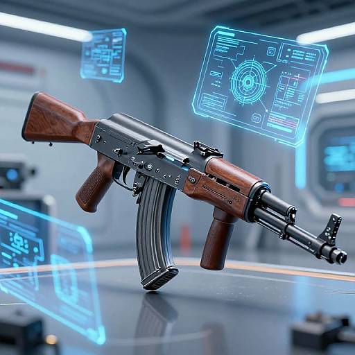 CGI image of a futuristic, holographic rifle with wooden accents floating in a high-tech, blue-lit laboratory. Holographic interface screens hover