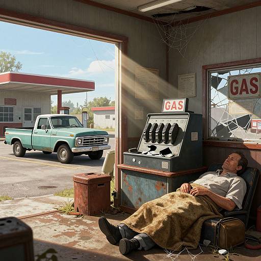 Photograph of a sleeping man in a dirty blanket, under a broken GAS sign, beside a vintage truck outside a sunlit, rundown gas station.
