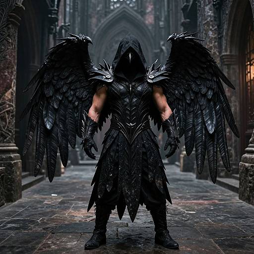 Dark, hooded figure with massive black feathered wings stands in a gothic cathedral corridor, illuminated by faint, eerie light. Digital artwork.
