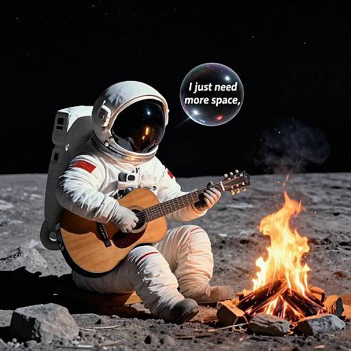 Photograph of an astronaut in white suit with reflective helmet, playing guitar by a campfire on the moon, speech bubble reads 