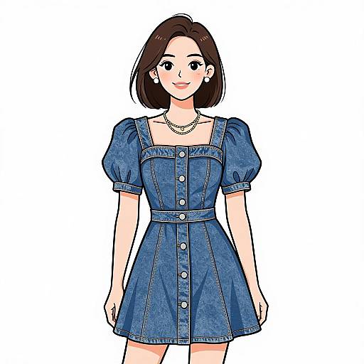 Digital anime-style illustration of a smiling young woman with short brown hair, wearing a blue denim dress with puffed sleeves and silver buttons, a pearl necklace
