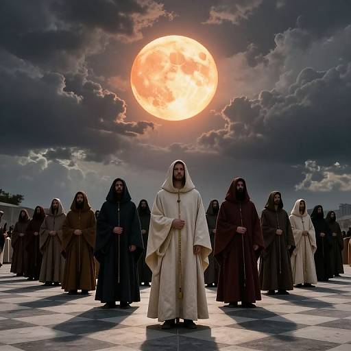 Mythic Cloaked Procession Under Surreal Sun