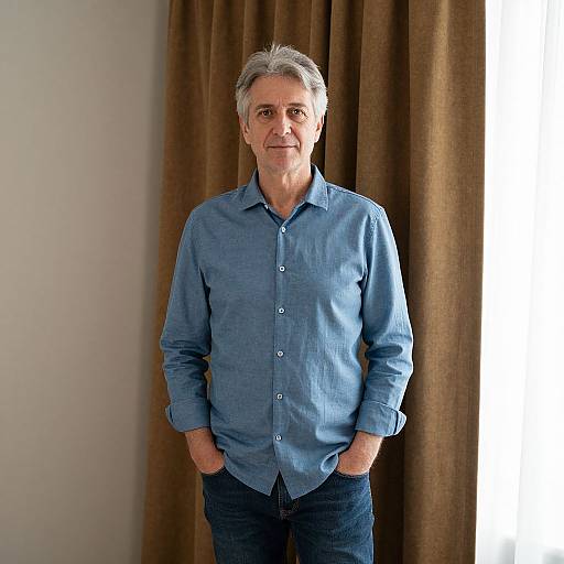 Photograph of an older man with gray hair, wearing a light blue button-up shirt and dark jeans, standing in front of brown curtains with hands in
