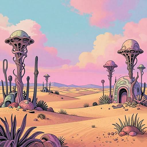 Vibrant, surreal desert landscape with mushroom-like plants, colorful sky, and arched entrance in the sand. Digital art style.