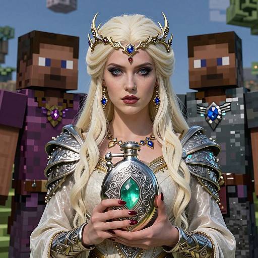 Digital artwork of a blonde queen with blue gemstone jewelry, silver armor, and a glowing orb, flanked by pixelated Minecraft characters.