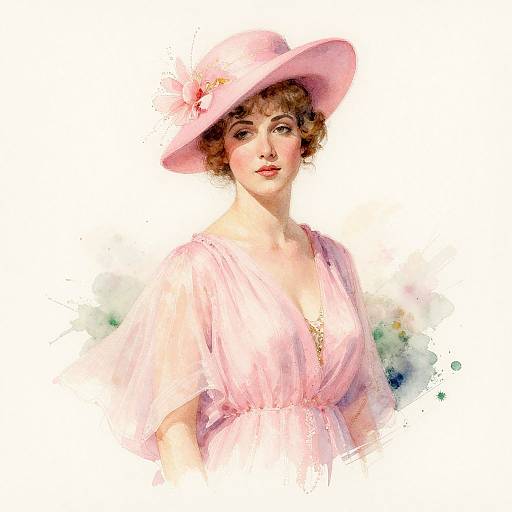 Digital painting of a fair-skinned woman with short brown hair, wearing a pink hat adorned with a flower and a pink, low-cut dress, set
