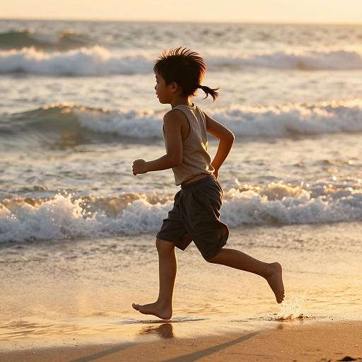 Photograph of a young Asian boy with spiky hair, running barefoot on a beach at sunset, wearing a tank top and shorts, waves crashing