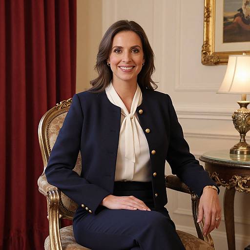 Photograph of a smiling woman with dark brown hair, wearing a navy blazer, white shirt, and black pants, seated in an ornate chair