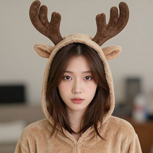 Photograph of an Asian woman with fair skin, dark brown hair, and brown eyes, wearing a plush deer hooded onesie with brown antlers