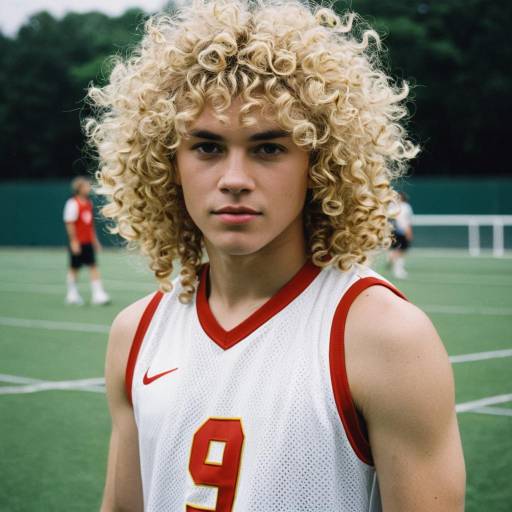 Young Man in White Sports Jersey with Curly Blonde Hair