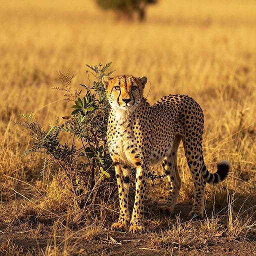 Photograph of a spotted cheetah standing in golden savanna grass, partially obscured by a bush, bathed in warm sunlight.