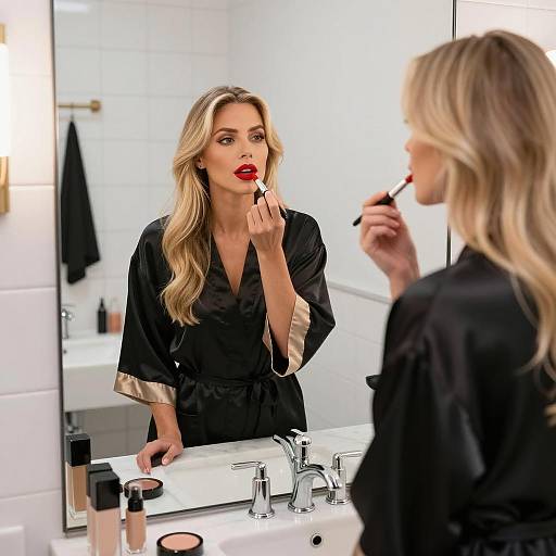 Glamorous Woman Applying Makeup in Mirror