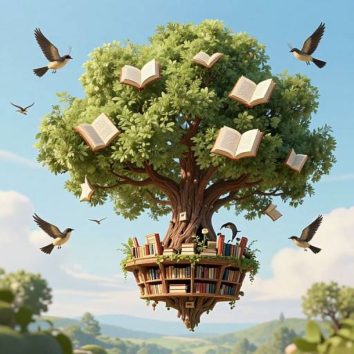 Digital illustration of a floating tree with books and open books on branches, surrounded by flying birds, against a bright blue sky.